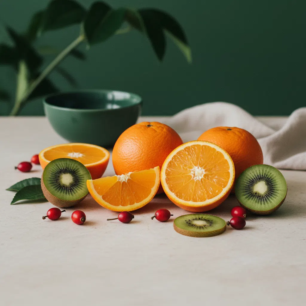 Fresh oranges, rosehip berries and leafy greens arranged on a pale stone kitchen surface